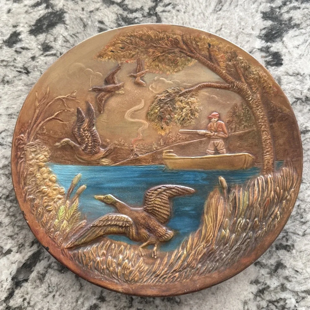 Vintage 1970 Duck Hunter in Boat Painted Plate